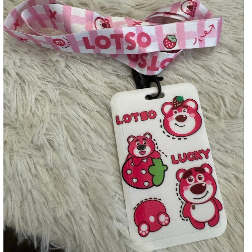 Pink Lotso strawberry bear lanyard and ID Holder with red bears and strawberries